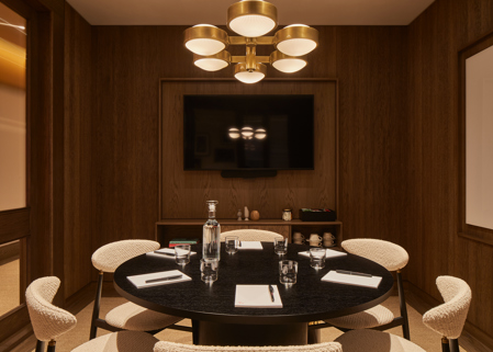 A contemporary meeting room featuring a round conference table, upholstered chairs, a wall-mounted presentation screen, wood panelling and pendant lighting.