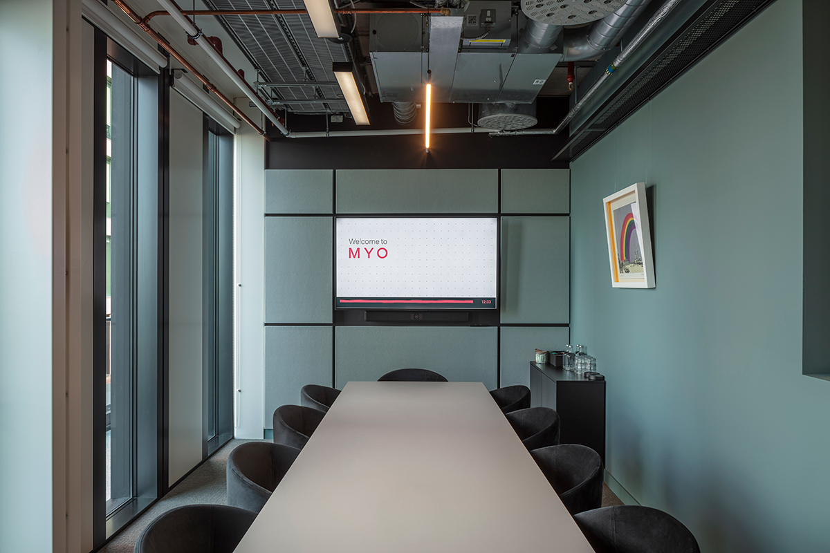Modern meeting room at MYO Bankside equipped with presentation technology and seating for small teams.