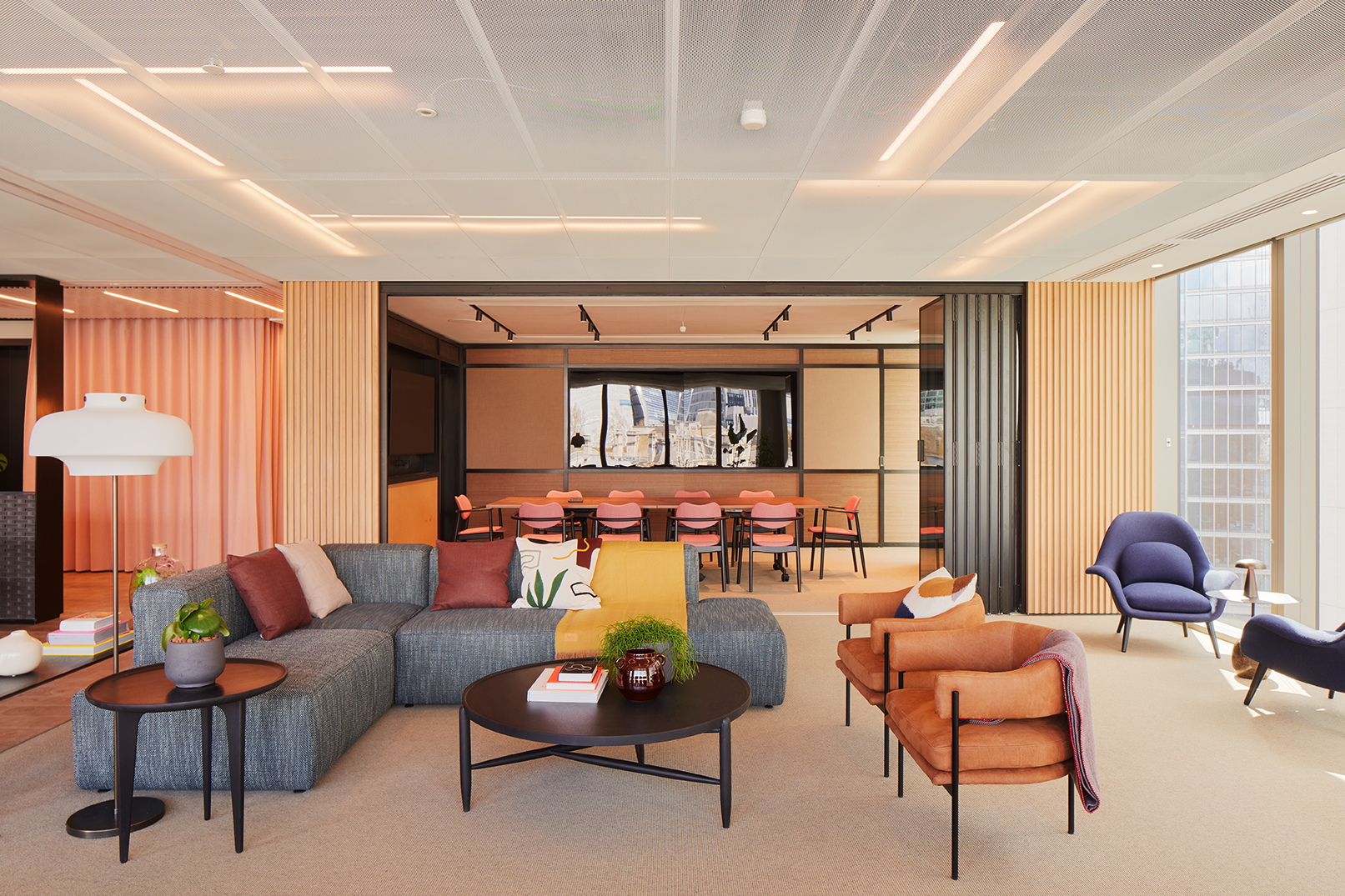 Contemporary lounge and meeting space at MYO Liverpool Street featuring comfortable seating areas, collaborative workspaces and stylish interiors.