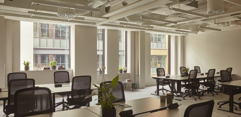 A contemporary open plan office featuring shared desks, ergonomic office chairs, large windows and abundant natural light in a modern workspace.