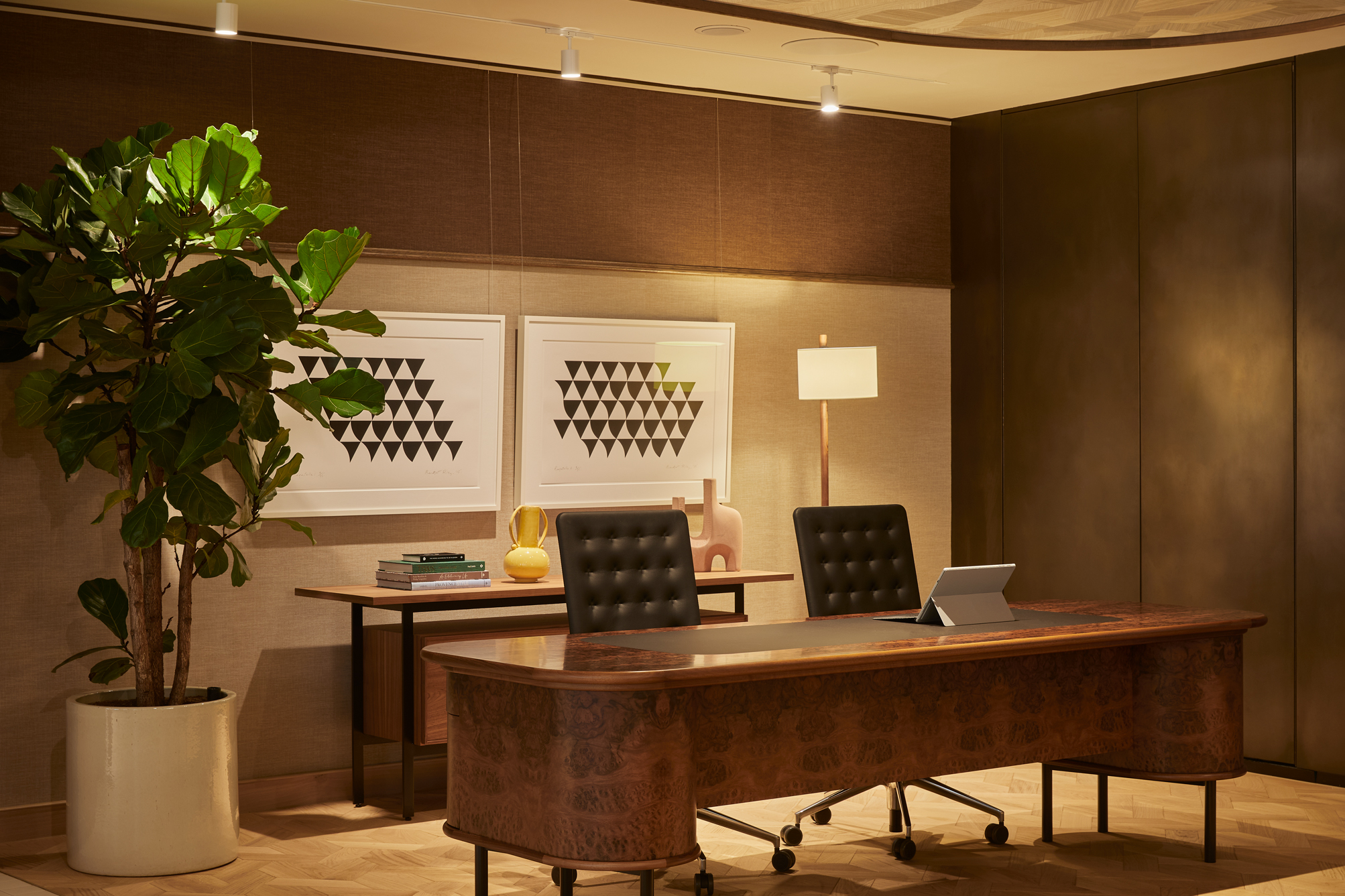 A private office featuring a wooden executive desk, two office chairs, contemporary artwork, a floor lamp and a large indoor plant.